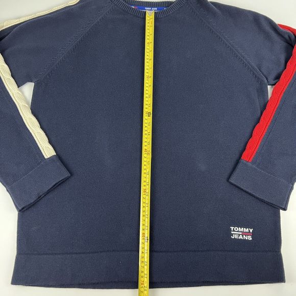 Vtg Y2K Tommy Jeans Cable Knit Stripe Sleeves Navy Blue Men’s XL Oversized Logo - Picture 9 of 15